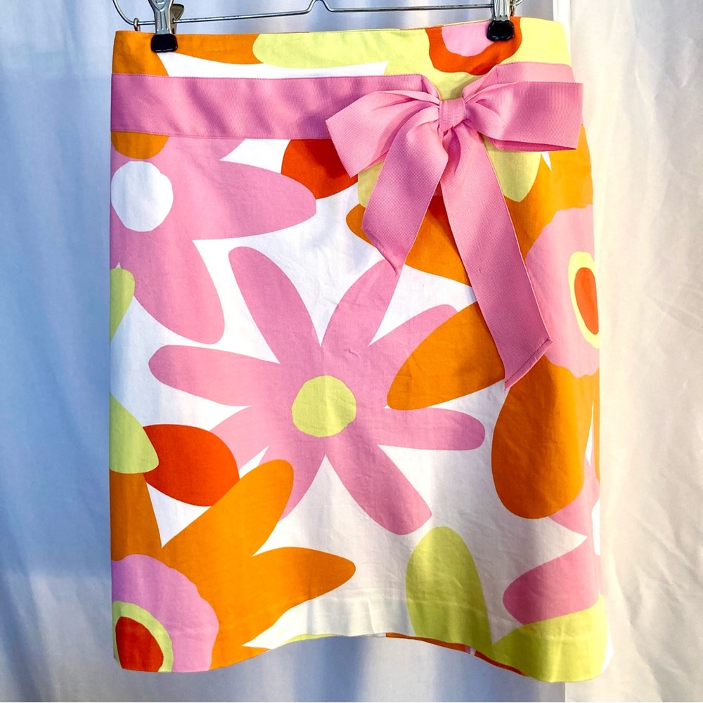 Sandra pink & orange flowered ribbon belted stretchy zip skirt sz 12 cute comfy